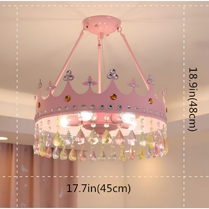 Pembe Taç Çocuk Odası Avizesi | Kristal Taşlı Metal Prenses Avize - Görsel 7