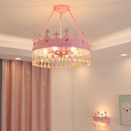Pembe Taç Çocuk Odası Avizesi | Kristal Taşlı Metal Prenses Avize
