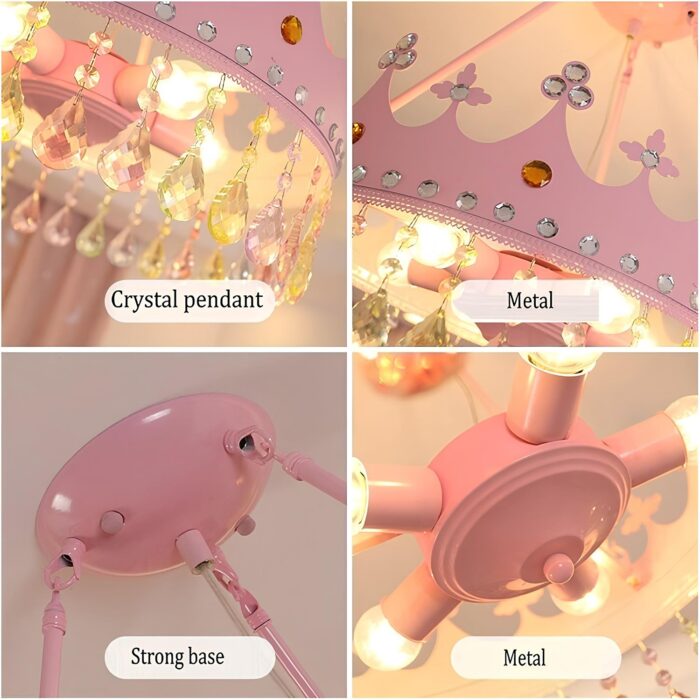 Pembe Taç Çocuk Odası Avizesi | Kristal Taşlı Metal Prenses Avize - Görsel 6